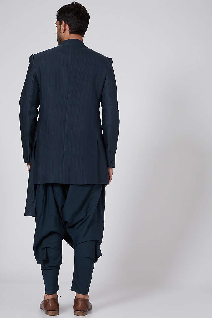 Navy Blue Pleated Asymmetric Wedding Indowestern Jacket by Antar Agni Men at Pernia's Pop Up Shop