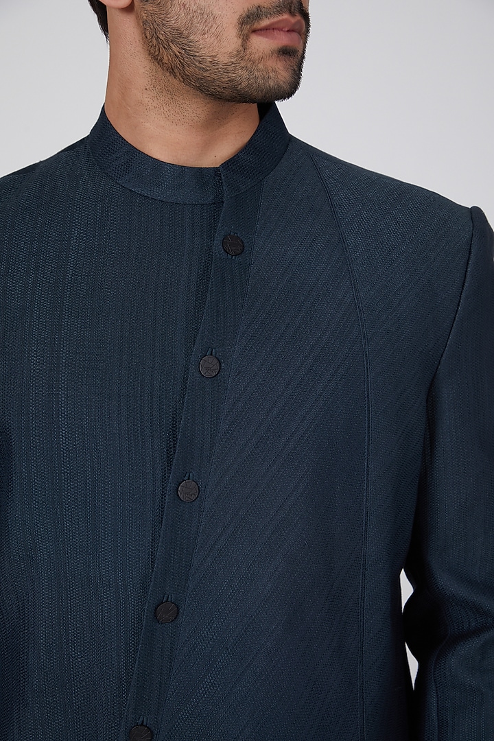Navy Blue Pleated Asymmetric Wedding Indowestern Jacket by Antar Agni Men at Pernia's Pop Up Shop