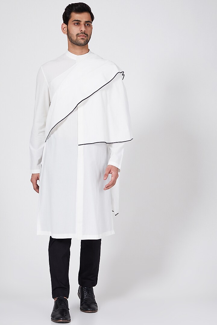 White Kurta With Extended Drape by Antar Agni Men at Pernia's Pop Up Shop