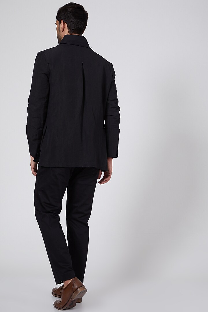 Black Linen Blend Short Jacket by Antar Agni Men at Pernia's Pop Up Shop