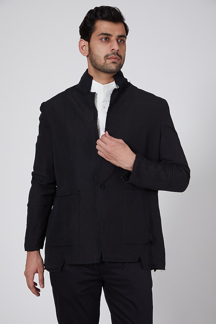 Black Linen Blend Short Jacket by Antar Agni Men at Pernia's Pop Up Shop