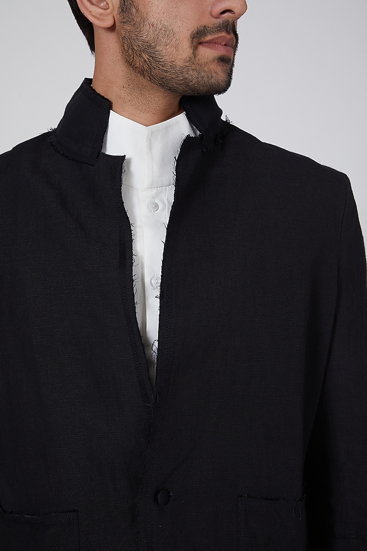 Black Linen Blend Short Jacket by Antar Agni Men at Pernia's Pop Up Shop