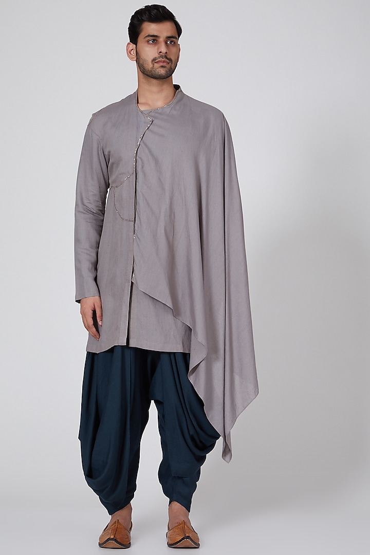 Grey Linen Blend Draped Salwar Pants by Antar Agni Men