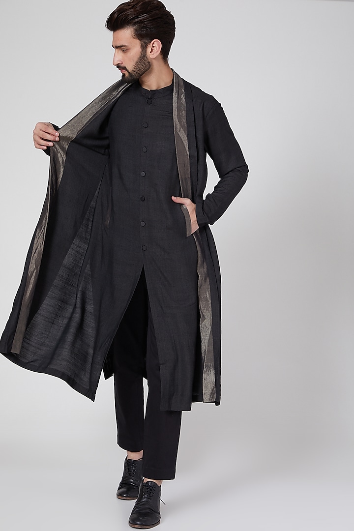 Black Long Kurta With Attached Stole by Antar Agni Men