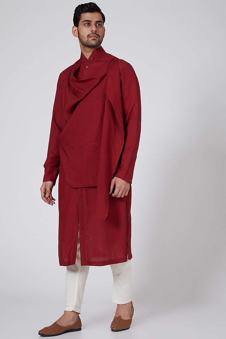 Red Long Draped Kurta by Antar Agni Men at Pernia's Pop Up Shop