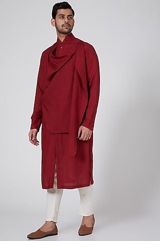 Red Long Draped Kurta by Antar Agni Men