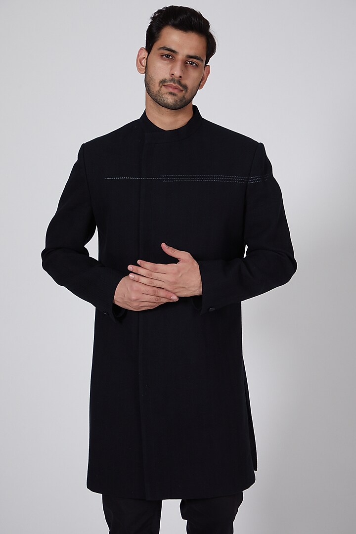 Black Handwoven Cotton Wedding Indowestern Jacket by Antar Agni Men at Pernia's Pop Up Shop