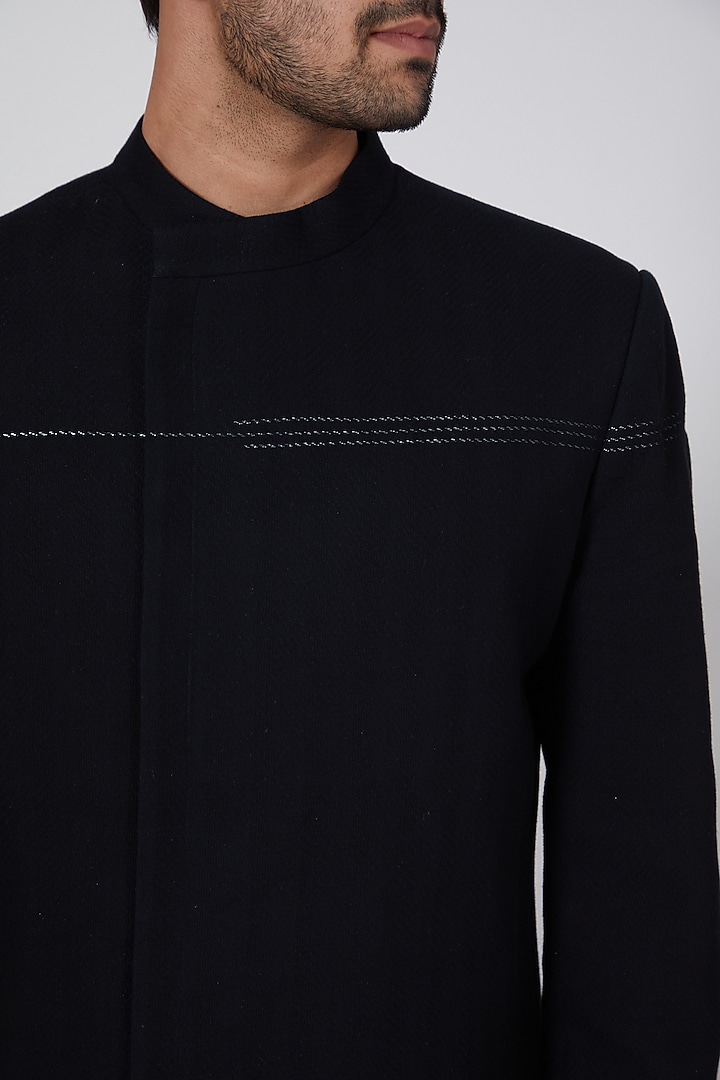 Black Handwoven Cotton Wedding Indowestern Jacket by Antar Agni Men at Pernia's Pop Up Shop