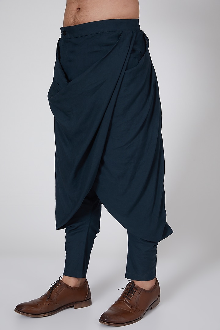 Navy Blue Linen Blend Draped Salwar Pants by Antar Agni Men at Pernia's Pop Up Shop