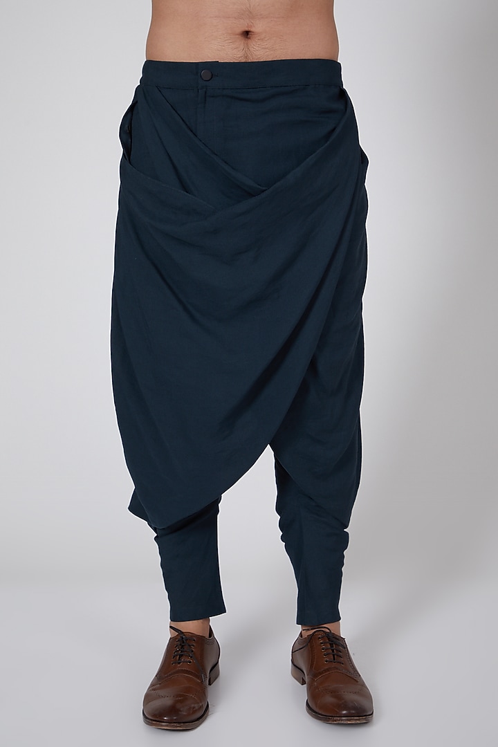 Navy Blue Linen Blend Draped Salwar Pants by Antar Agni Men at Pernia's Pop Up Shop