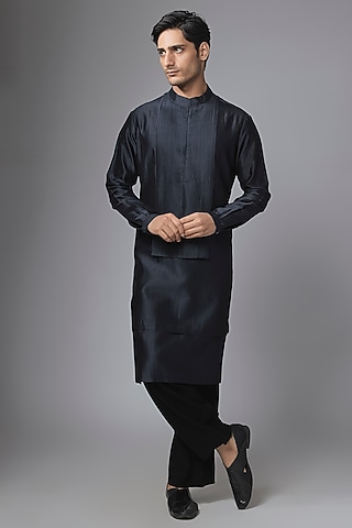 Navy Blue Cotton Silk Kurta by Antar Agni Men