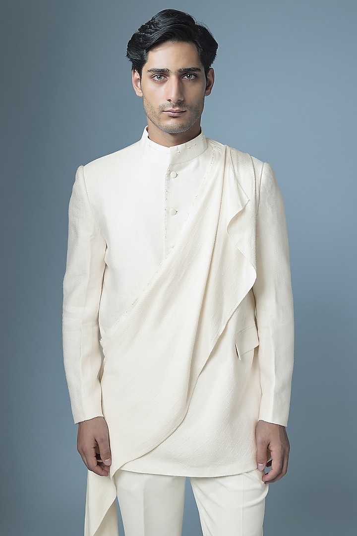 Ivory Silk Blend Wedding Bandhgala by Antar Agni Men at Pernia's Pop Up Shop