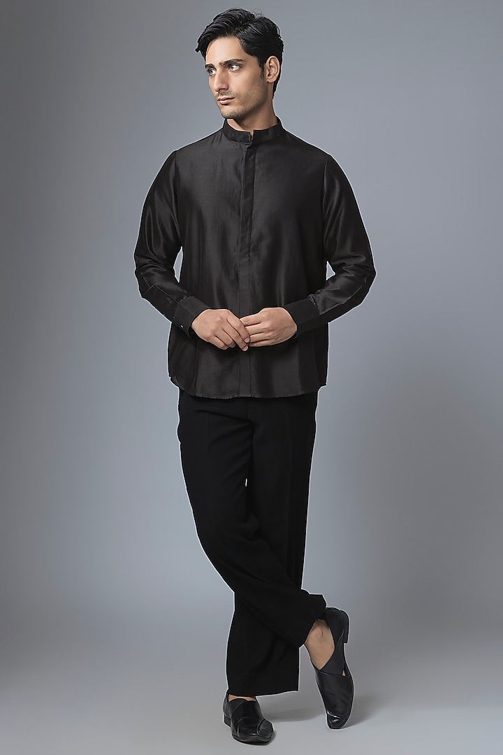 Black Cotton Silk Party Wear Shirt by Antar Agni Men at Pernia's Pop Up Shop