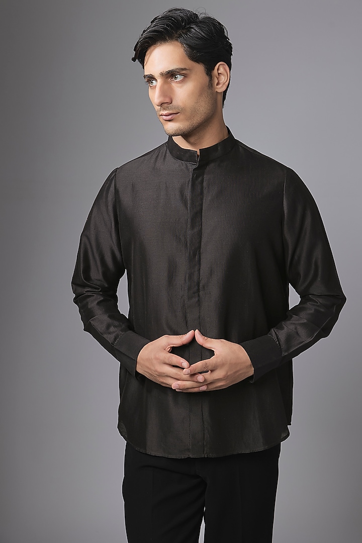 Black Cotton Silk Party Wear Shirt by Antar Agni Men at Pernia's Pop Up Shop