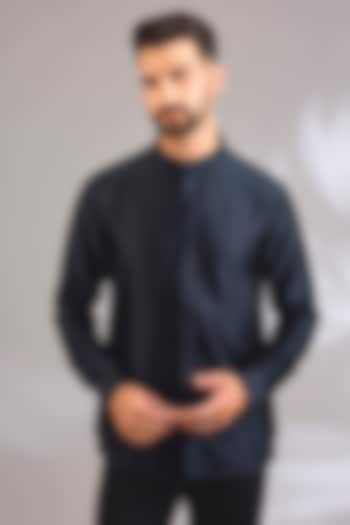 Navy Blue Cotton Silk Wedding Shirt by Antar Agni Men at Pernia's Pop Up Shop