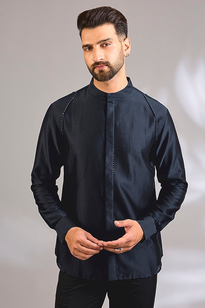 Navy Blue Cotton Silk Wedding Shirt by Antar Agni Men at Pernia's Pop Up Shop