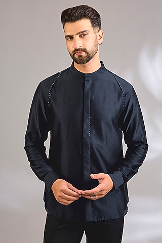 Navy Blue Cotton Silk Shirt by Antar Agni Men