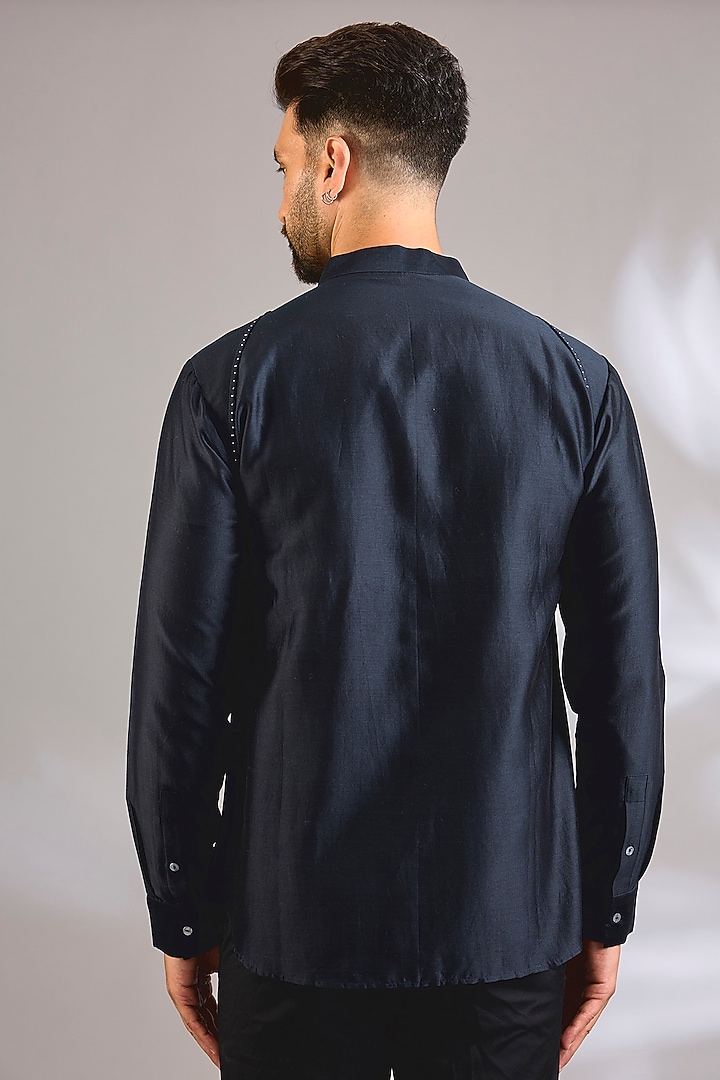 Navy Blue Cotton Silk Wedding Shirt by Antar Agni Men at Pernia's Pop Up Shop