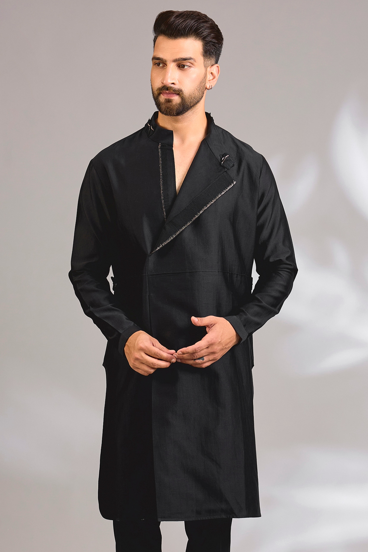 Antar Agni Black Cotton Silk Satin Kurta