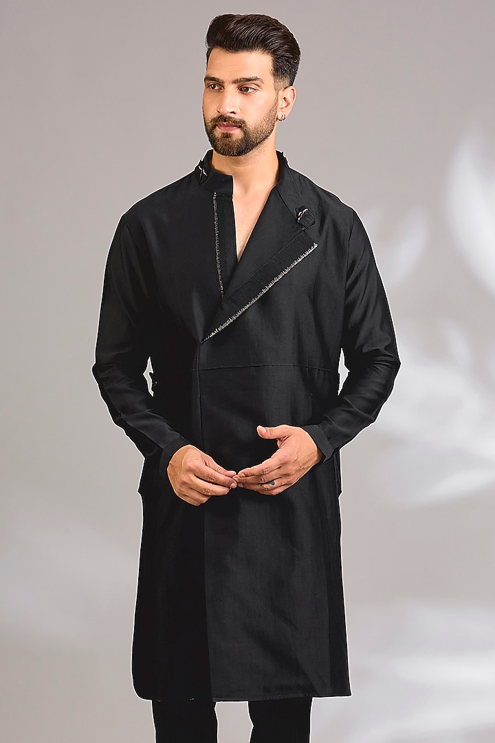 Black Cotton Silk Satin Kurta by Antar Agni Men at Pernia's Pop Up Shop