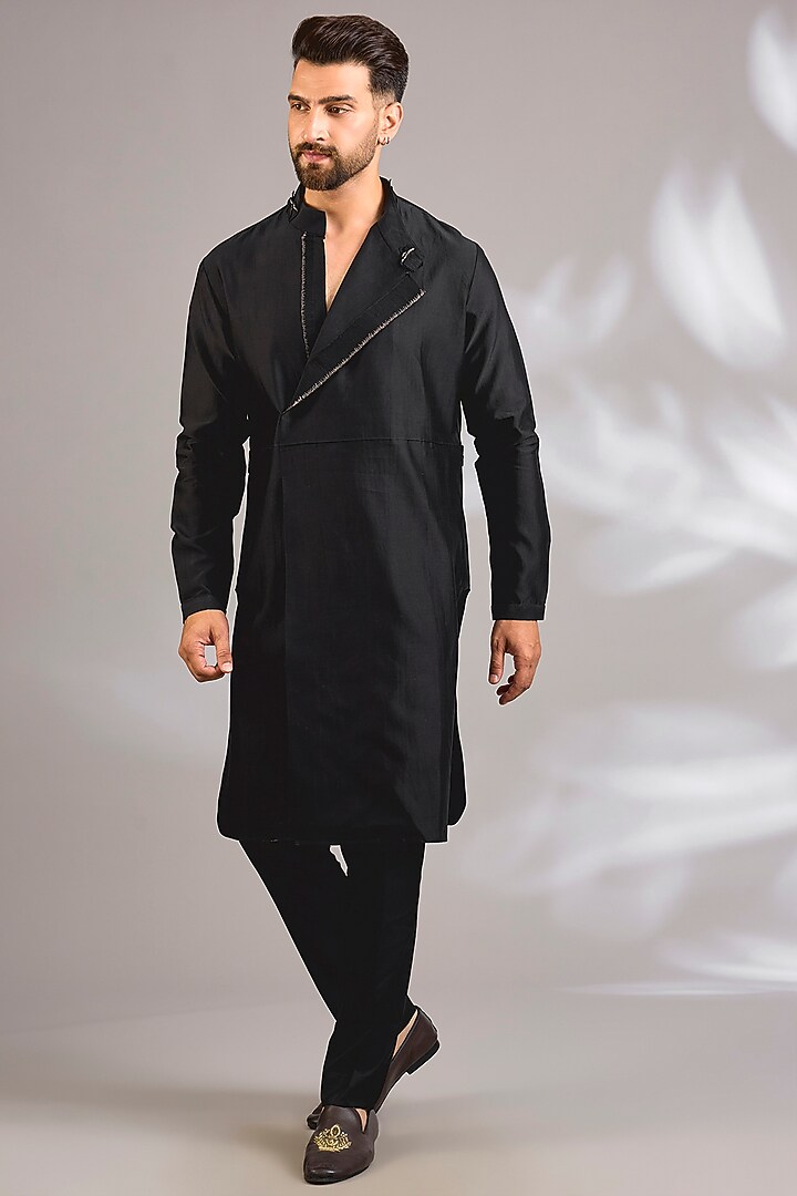Black Cotton Silk Satin Kurta by Antar Agni Men at Pernia's Pop Up Shop