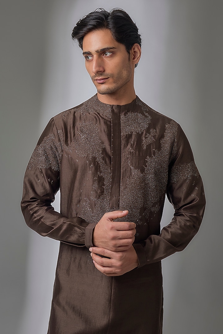 Dark Brown Cotton Silk Kurta by Antar Agni Men at Pernia's Pop Up Shop