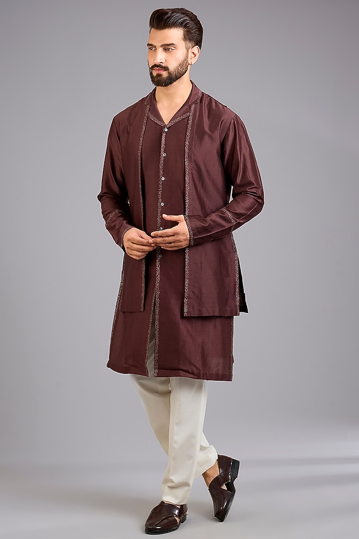 Burgundy Silk Embroidered Kurta by Antar Agni Men at Pernia's Pop Up Shop