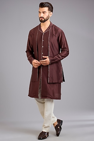 Burgundy Silk Embroidered Kurta by Antar Agni Men