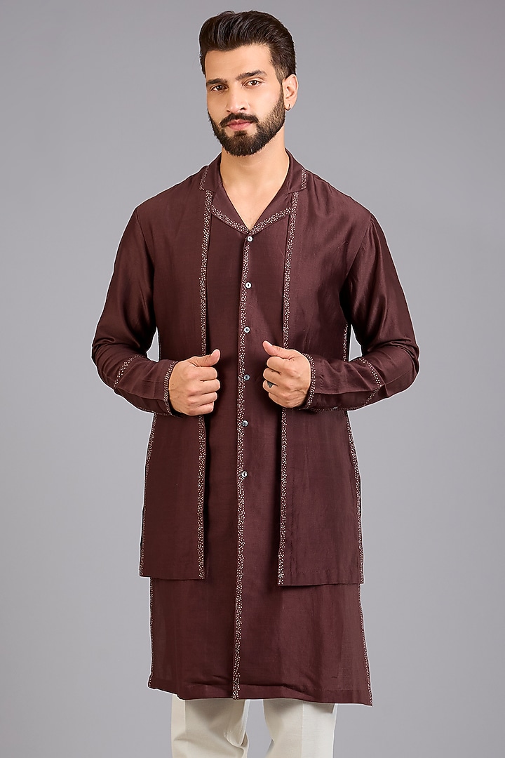 Burgundy Silk Embroidered Kurta by Antar Agni Men at Pernia's Pop Up Shop