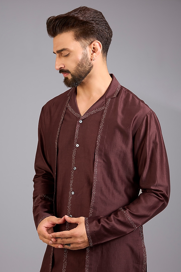 Burgundy Silk Embroidered Kurta by Antar Agni Men at Pernia's Pop Up Shop