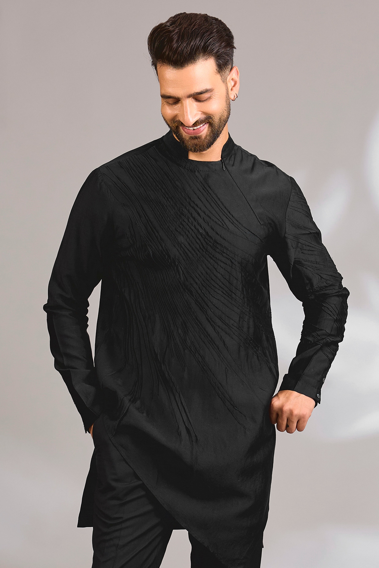 Antar Agni Black Cotton Silk Satin Kurta
