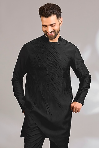 Black Cotton Silk Satin Kurta by Antar Agni Men