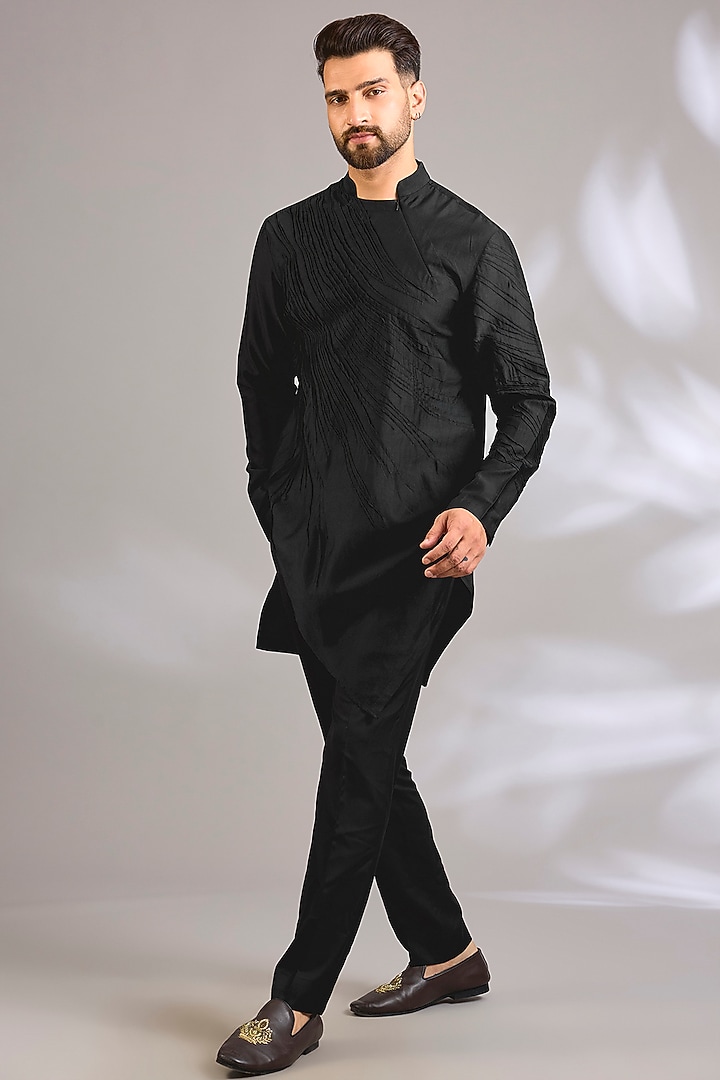 Black Cotton Silk Satin Kurta by Antar Agni Men at Pernia's Pop Up Shop