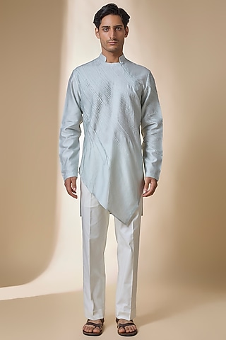 Ice Blue Cotton Silk Satin Kurta by Antar Agni Men
