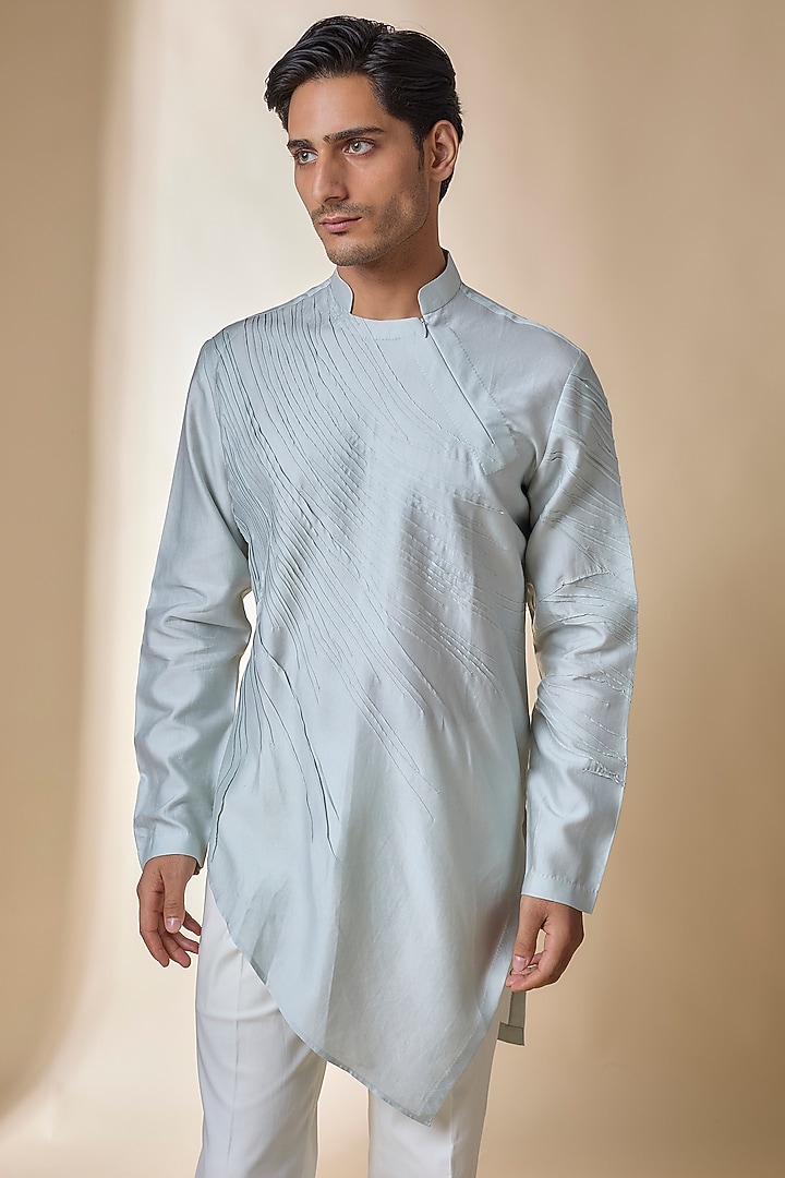 Ice Blue Cotton Silk Satin Kurta by Antar Agni Men at Pernia's Pop Up Shop