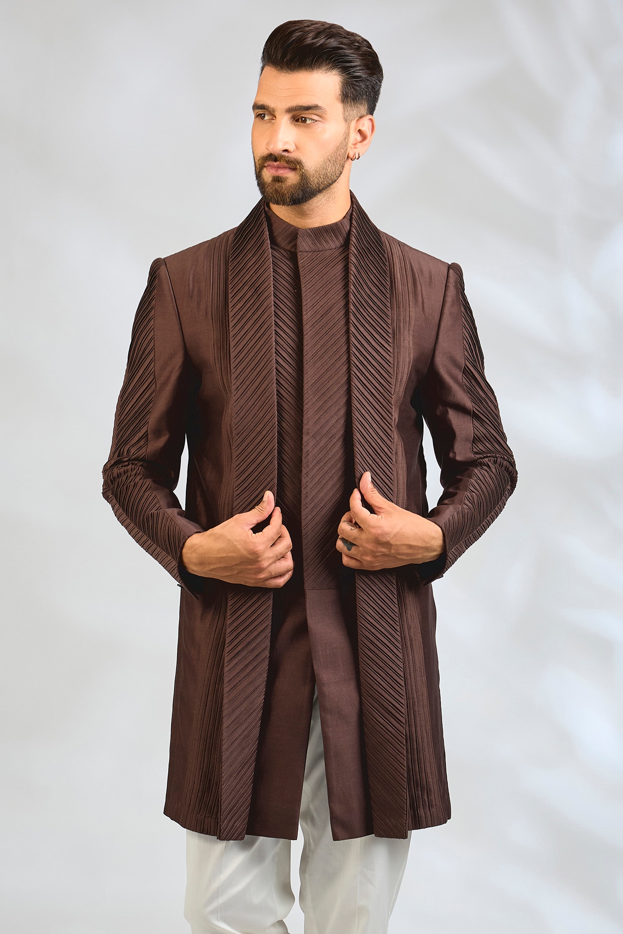 Antar Agni Dark Brown Cotton Silk Indowestern