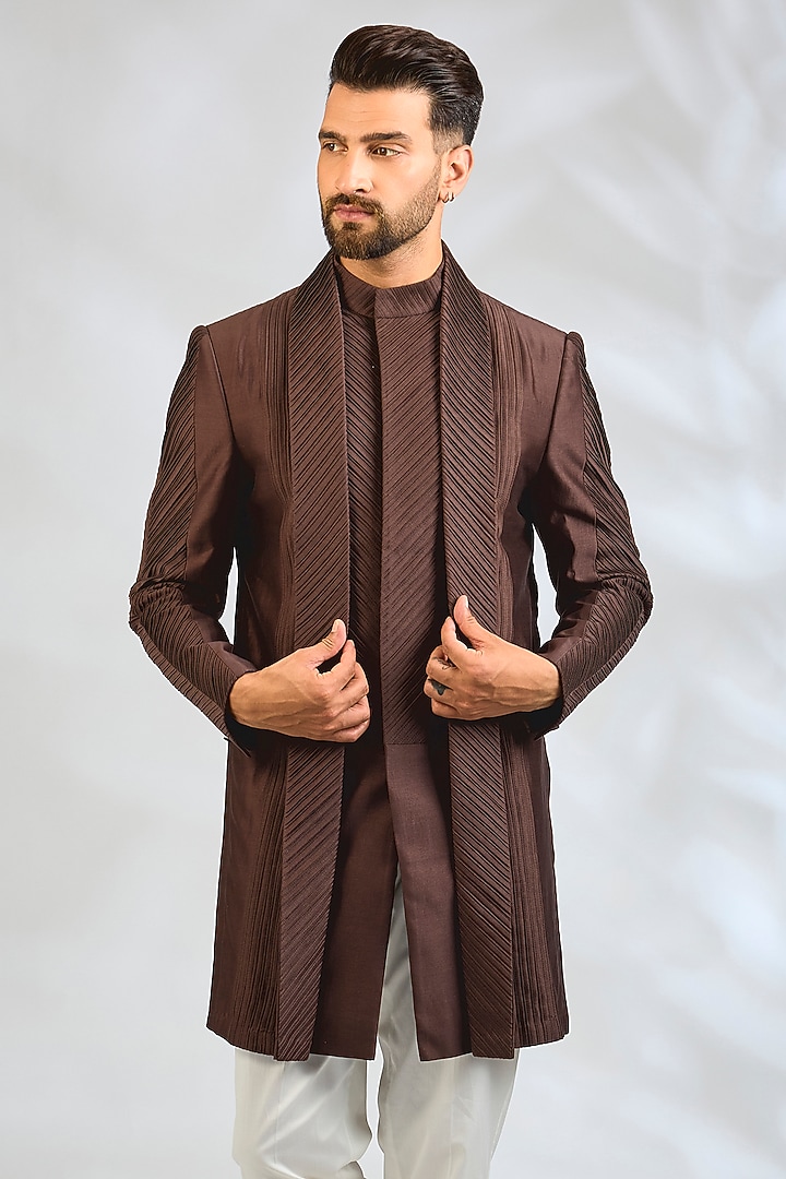 Dark Brown Cotton Silk Groom Indowestern by Antar Agni Men at Pernia's Pop Up Shop