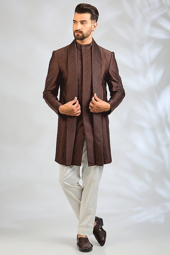 Dark Brown Cotton Silk Groom Indowestern by Antar Agni Men at Pernia's Pop Up Shop