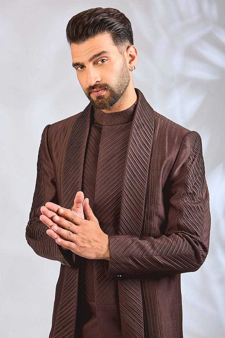 Dark Brown Cotton Silk Groom Indowestern by Antar Agni Men at Pernia's Pop Up Shop