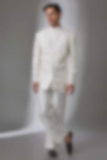 Ivory Cotton Silk Wedding Bandhgala by Antar Agni Men at Pernia's Pop Up Shop
