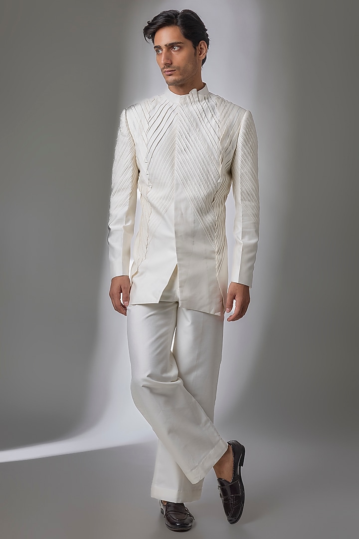 Ivory Cotton Silk Wedding Bandhgala by Antar Agni Men at Pernia's Pop Up Shop