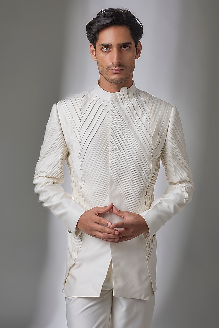 Ivory Cotton Silk Wedding Bandhgala by Antar Agni Men at Pernia's Pop Up Shop