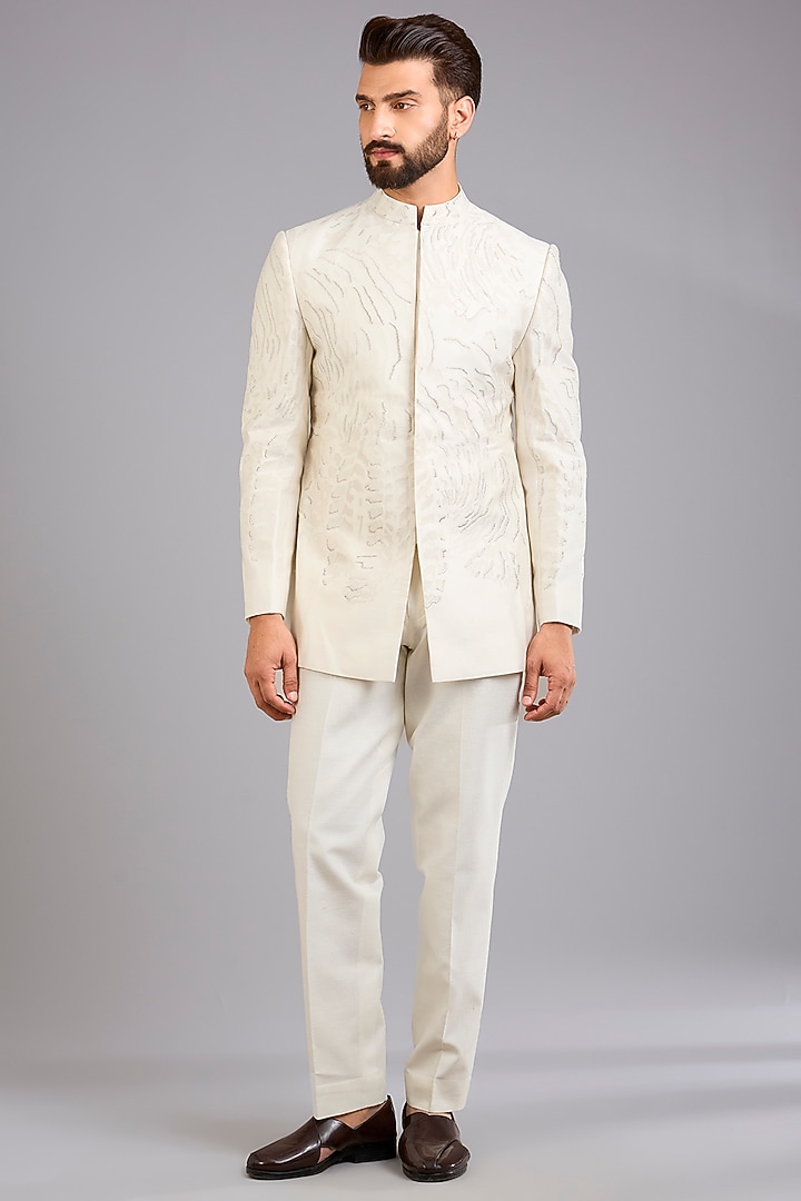 Ivory Silk Groom Bandhgala by Antar Agni Men at Pernia's Pop Up Shop