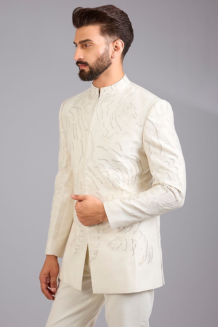 Ivory Silk Groom Bandhgala by Antar Agni Men at Pernia's Pop Up Shop