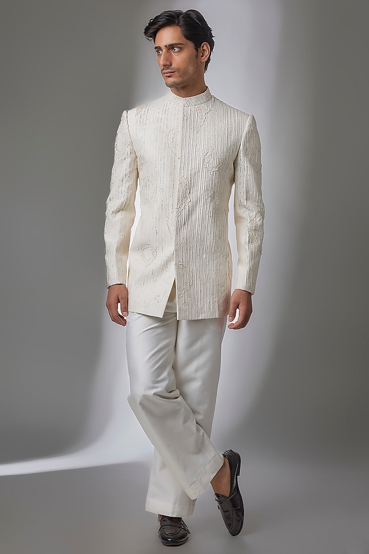 Ivory Cotton Silk Groom Bandhgala by Antar Agni Men at Pernia's Pop Up Shop