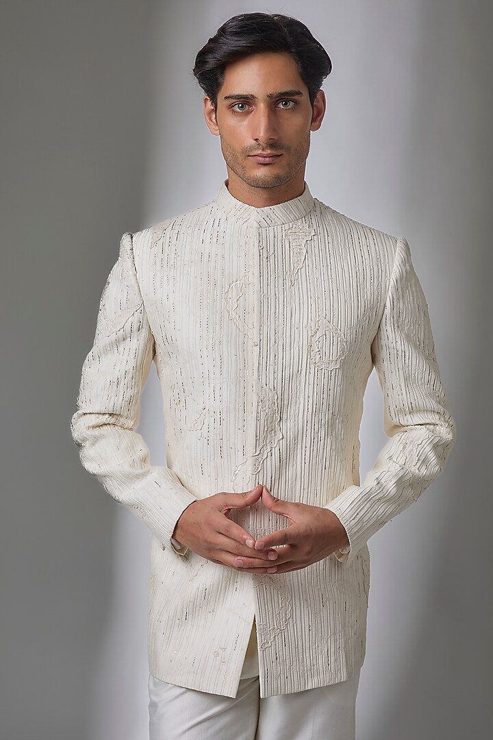 Ivory Cotton Silk Groom Bandhgala by Antar Agni Men at Pernia's Pop Up Shop