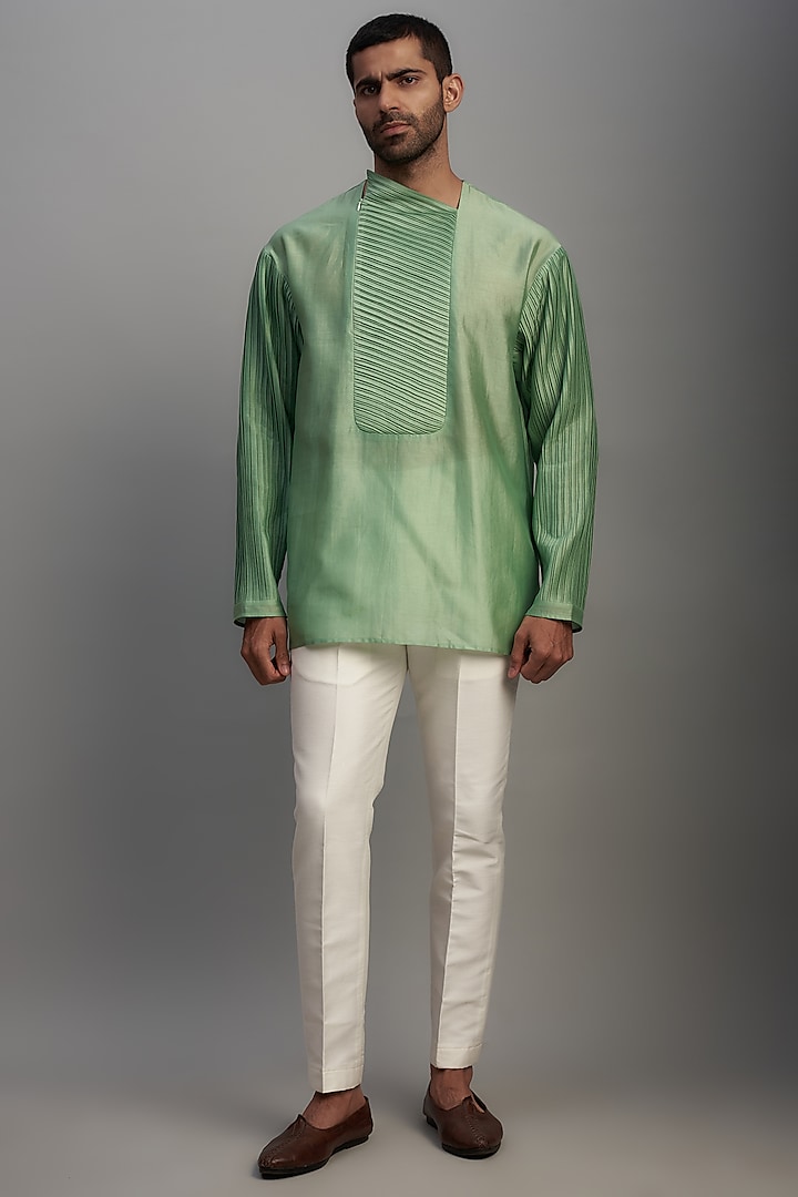 Green Cotton Silk Short Kurta by Antar Agni Men