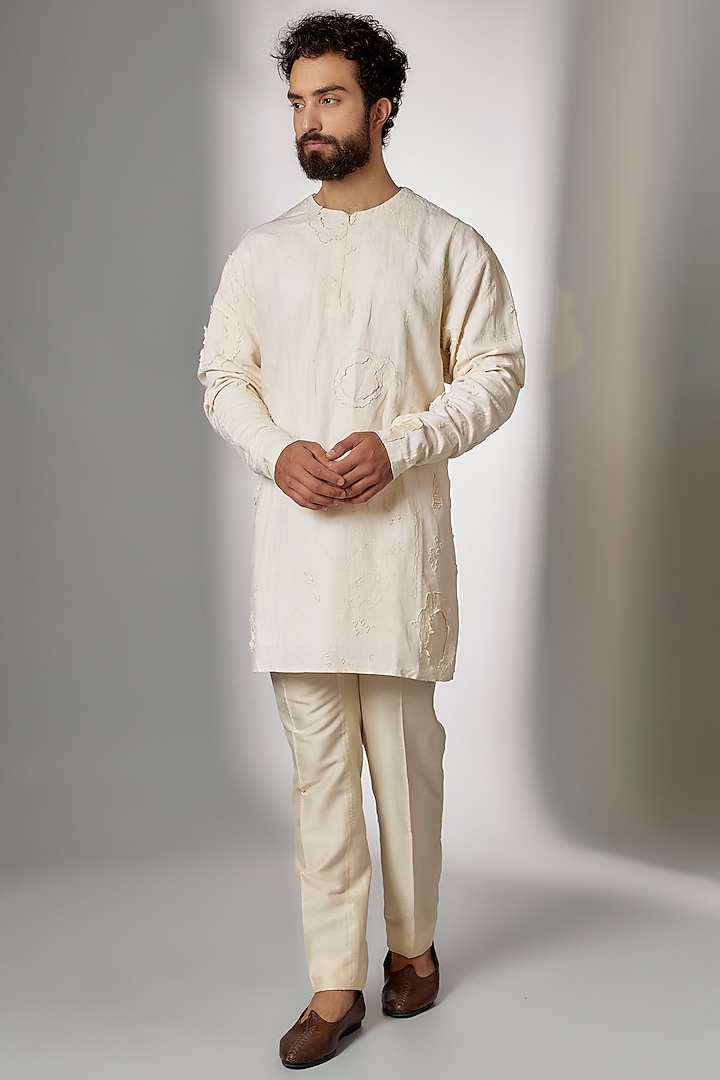 White Cotton Silk Short Kurta by Antar Agni Men