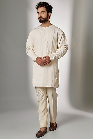 White Cotton Silk Short Kurta by Antar Agni Men