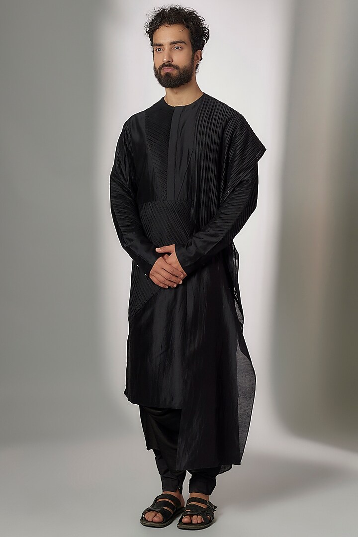 Black Linen Blend Draped Salwar Pants by Antar Agni Men